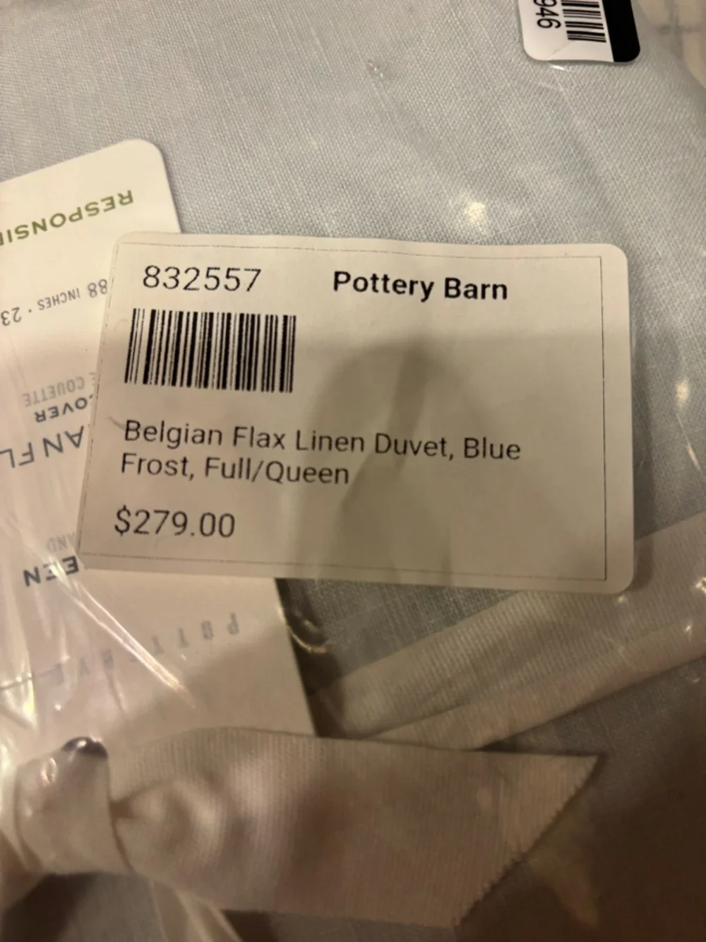 Pottery Barn Light Blue Linen-Cotton Blend Duvet Cover
